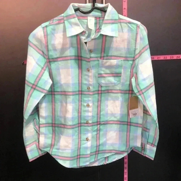 ThereABouts multi-plaid flannel like long sleeve button down top, Mint - Picture 1 of 10